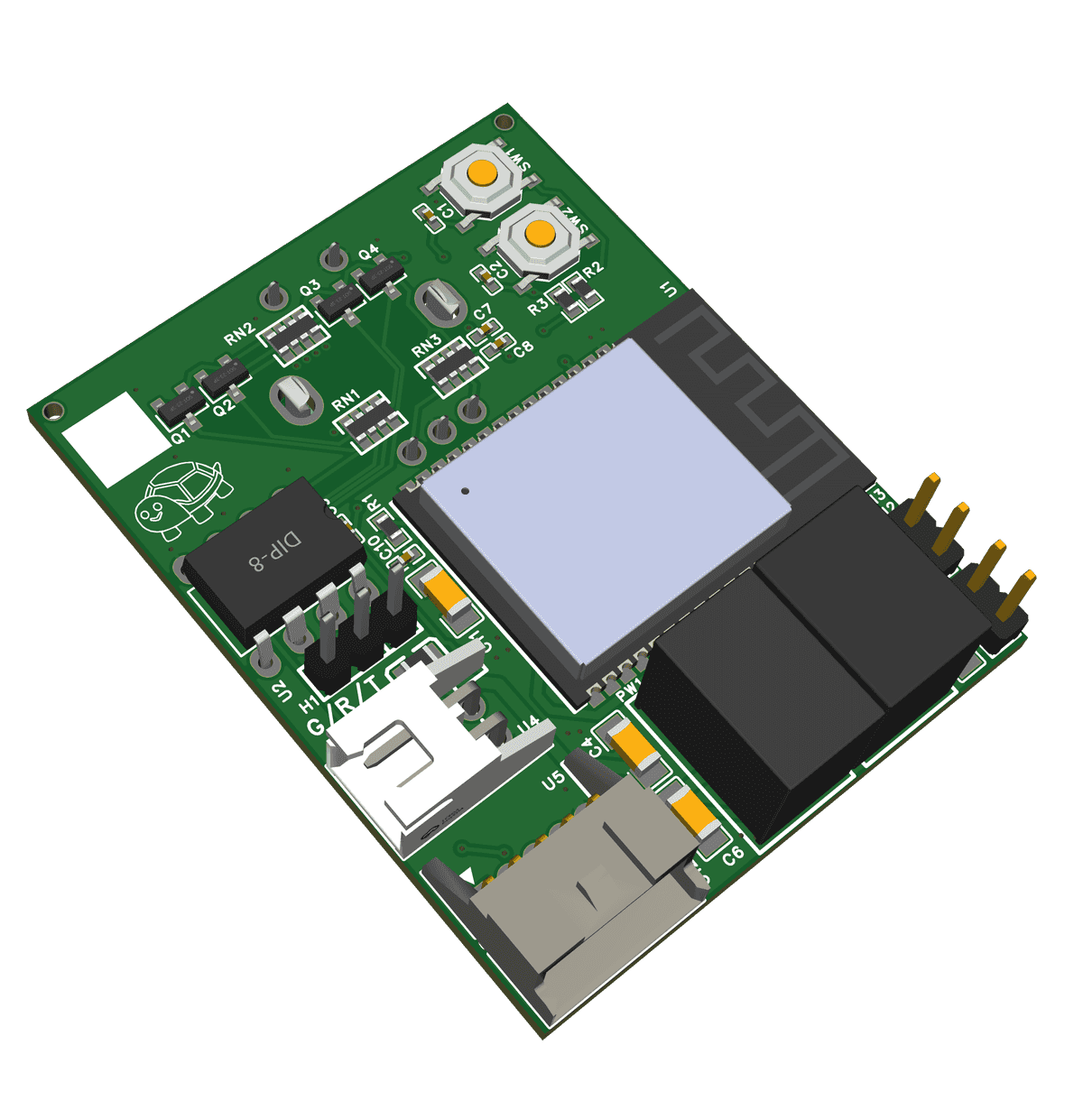 The underside of the assembled PCB, where most of the components are.