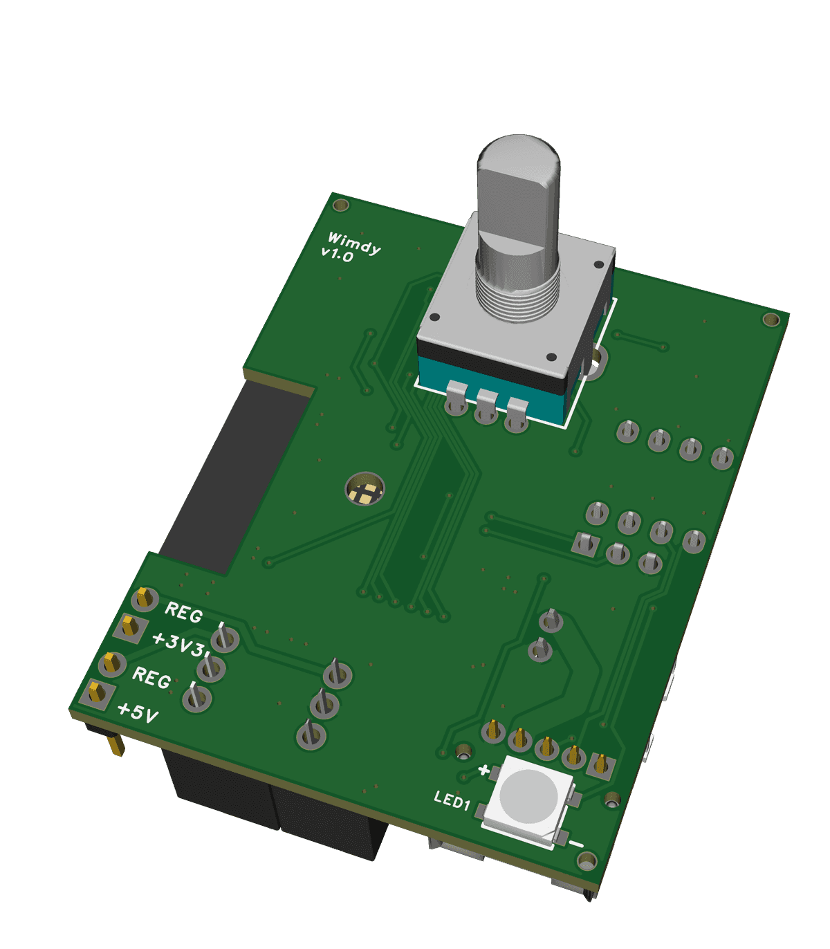 The top side of the assembled PCB, where the rotary encoder and LED are mounted.